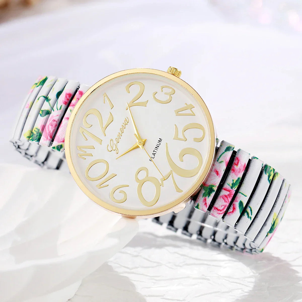 1/2/3/4PCS Fashion Flowers Printed Women Watch Luxury Elastic Strap Arabic Quartz Watches Reloj Mujer Girls Clock（Without Box）