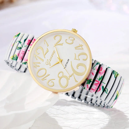 1/2/3/4PCS Fashion Flowers Printed Women Watch Luxury Elastic Strap Arabic Quartz Watches Reloj Mujer Girls Clock（Without Box）