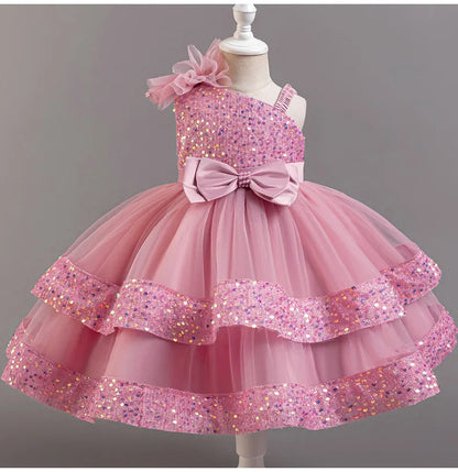 Girl's New Sequined Bow Irregular Collar Mesh Princess Dress Christmas Birthday Party Sweet and Cute Evening Dress