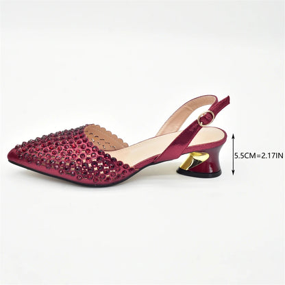 Fashion Italian Shoes with Matching Bags Set with Rhinestone African Shoes for Women Mid Heels Party Pumps Plus Size Heels 43