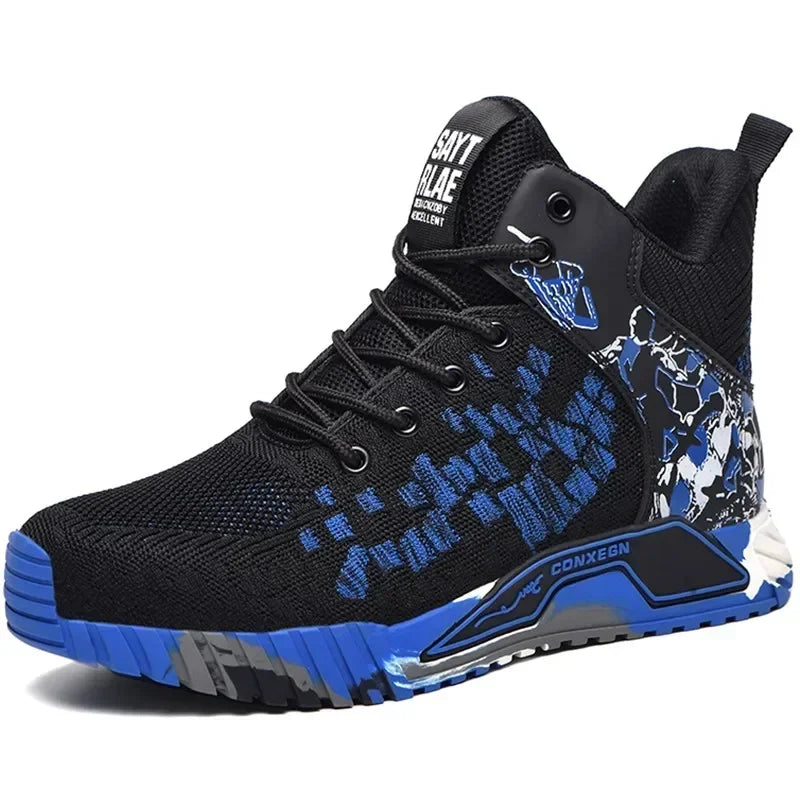 Men's All Seasons Safety Shoes Breathable Flying Woven Steel Toe Cap Impact Resistant Puncture Proof mid Cut Sneakers