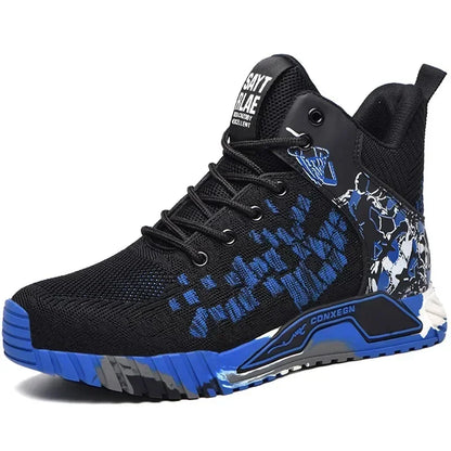 Men's All Seasons Safety Shoes Breathable Flying Woven Steel Toe Cap Impact Resistant Puncture Proof mid Cut Sneakers