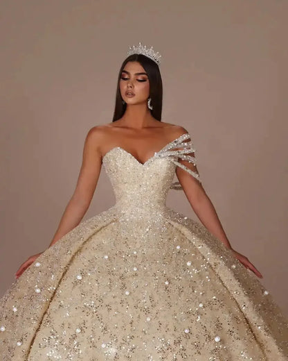 Customized Sweetheart Neck One Shoulde Ball Gown Wedding Dresses Bridal Gown Beaded Sweep Vestidos De Novia
