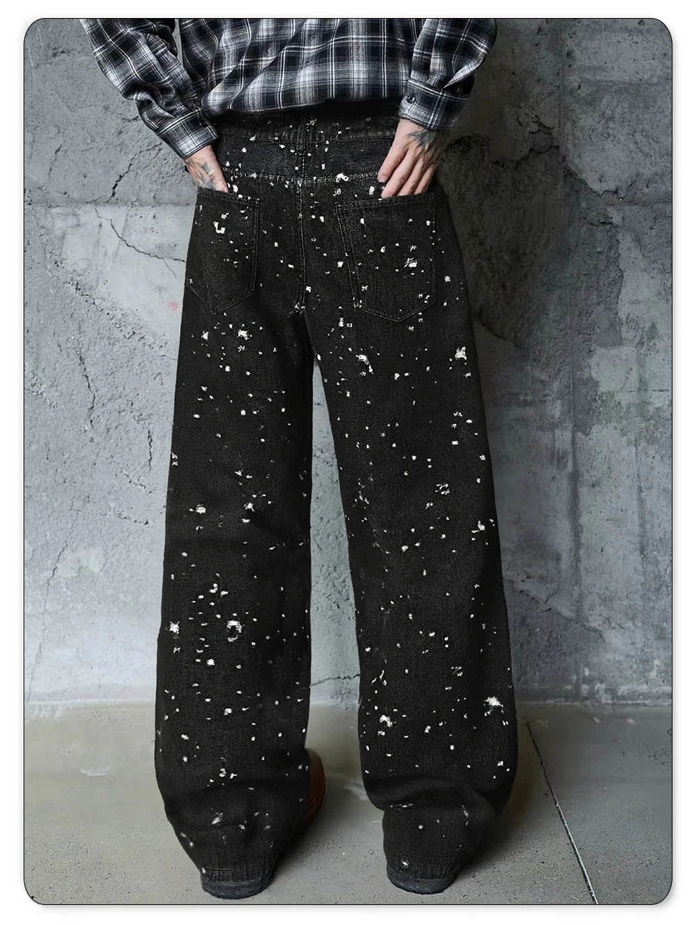 Japanese-Korean Style Baggy Jacquard Wide-leg Jeans American Retro Distressed Crochet Fabric Wide-leg Denim Pants Unisex