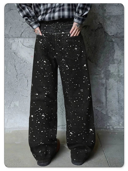 Japanese-Korean Style Baggy Jacquard Wide-leg Jeans American Retro Distressed Crochet Fabric Wide-leg Denim Pants Unisex