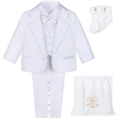 Baby Boy Baptism Outfit Infant White Christening Suit with Hat Toddler Wedding Birthday Party Clothing Long Sleeved Tuxedo 5PCS