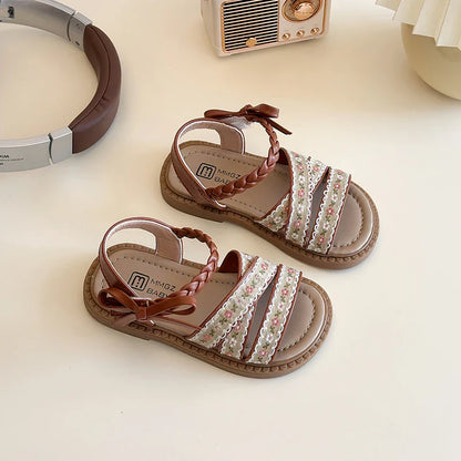 Summer Girl's Sandals Braided Flower Classic Trendy Vintage Kids Sliders Beige Brown Open Toe Holiday Pu Leather Children Shoes