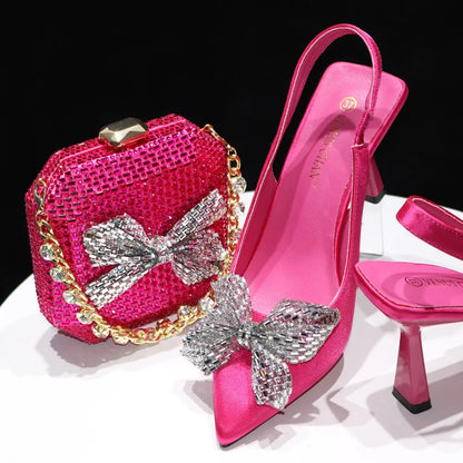 Italian Design Elegant Fuchsia Bow Rhinestone Pumps with Pointed Toe for Women 2024 Party Shoes and Bags Matching Set