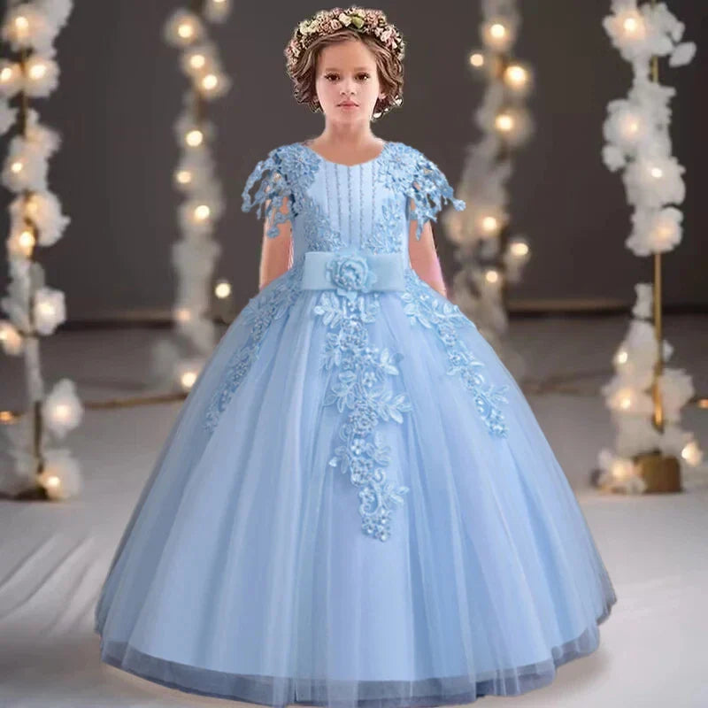 Lace up Tulle Flower Girl Dress Chest with flowers First Communion Ball Gown Wedding Party Bridesmaid Dress Kids 12Y