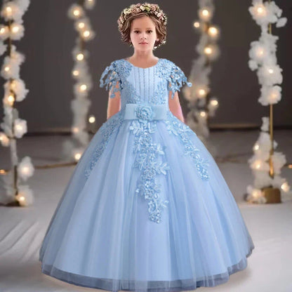 Lace up Tulle Flower Girl Dress Chest with flowers First Communion Ball Gown Wedding Party Bridesmaid Dress Kids 12Y