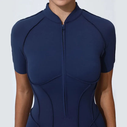 Zipper Short-sleeved Yoga Sports Fitness Jumpsuits Sets Without Chest Pad Tight Bodysuits Shorts Gym Workout Clothes for Women
