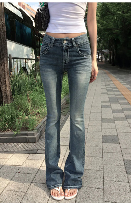 Y2K Clothes Hip Hop Pocket Embroidery Vintage Blue Baggy Jeans