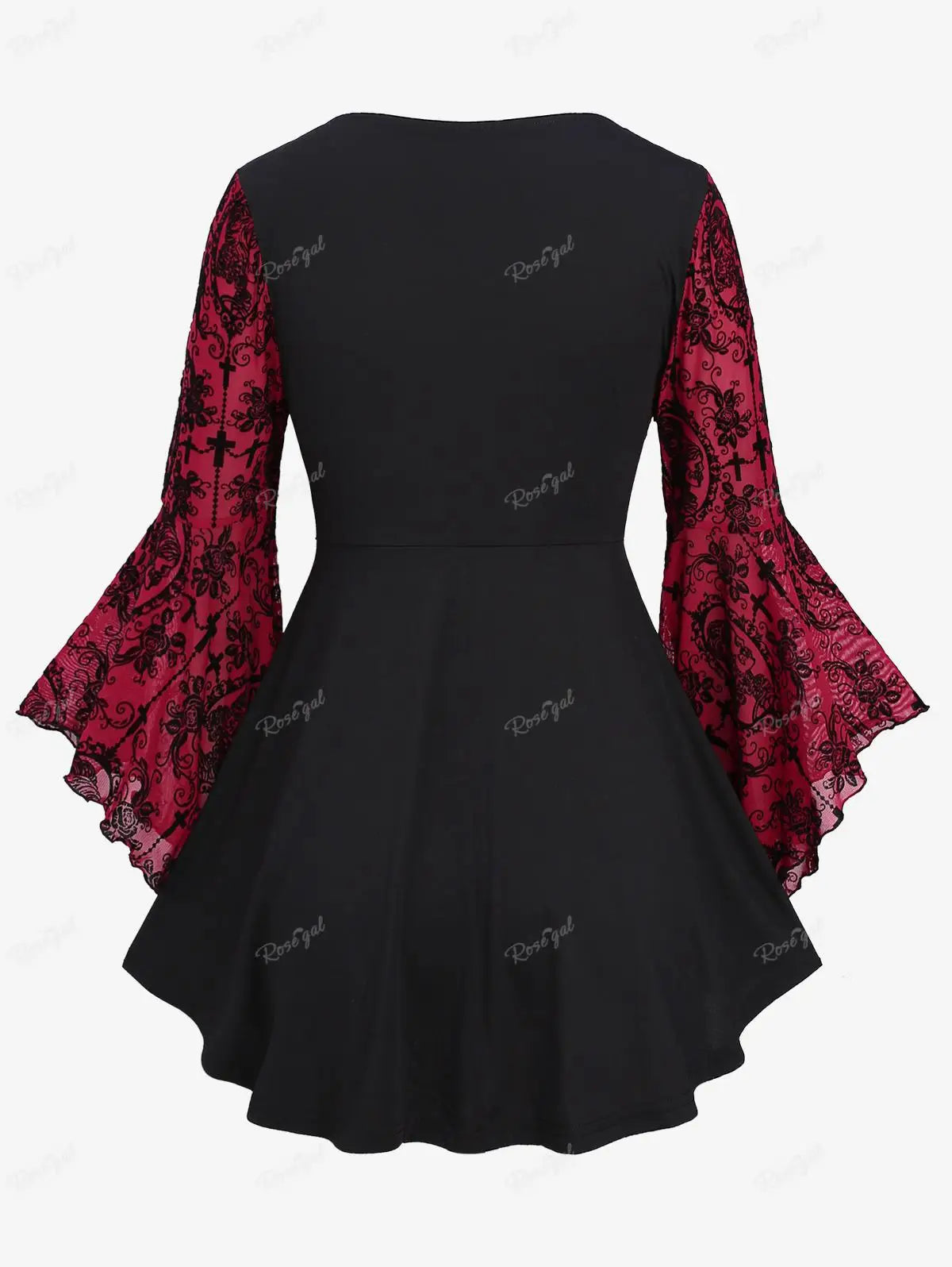 Plus Size Gothic Bell Sleeves Cross Floral Mesh Flocking Lace Up Ruched Ruffles 2 in 1 Long Bell Sleeve Top