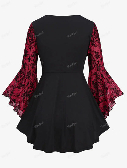 Plus Size Gothic Bell Sleeves Cross Floral Mesh Flocking Lace Up Ruched Ruffles 2 in 1 Long Bell Sleeve Top