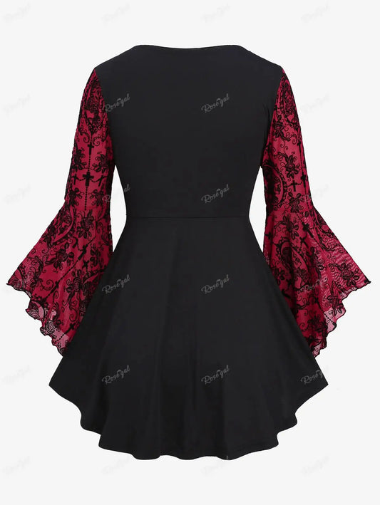 Plus Size Gothic Bell Sleeves Cross Floral Mesh Flocking Lace Up Ruched Ruffles 2 in 1 Long Bell Sleeve Top