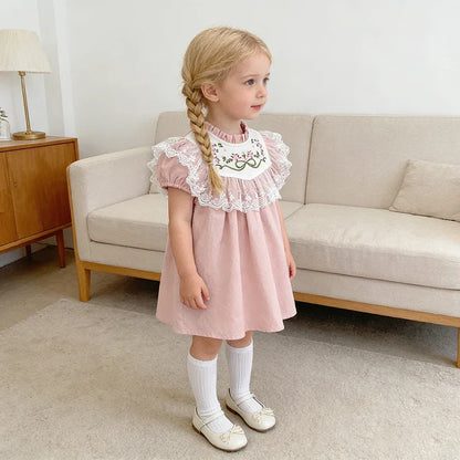 2026 New Summer Sister Clothing Short Sleeved Cotton Embroidery Kids Princess Dress 2-6Y Baby Girl Birthday Party Lace Dress