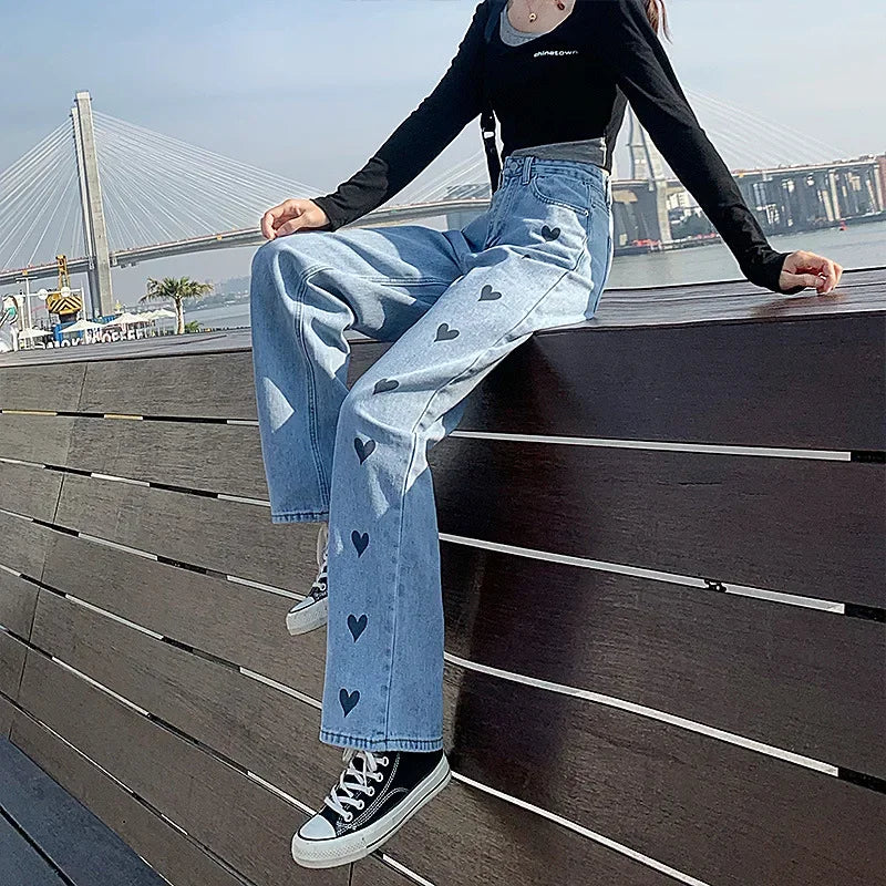Women's Straight-leg Loose-fit Heart Embroidery Draped Trailer Pants