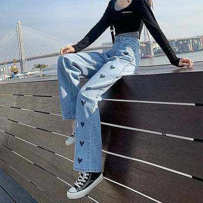Women's Straight-leg Loose-fit Heart Embroidery Draped Trailer Pants
