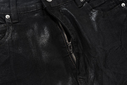 Streetwear Black Wax Leather Strecth Jeans for Men Ropa Hombre Baggy Y2k Flare Pants Oversized Straight Denim Trousers