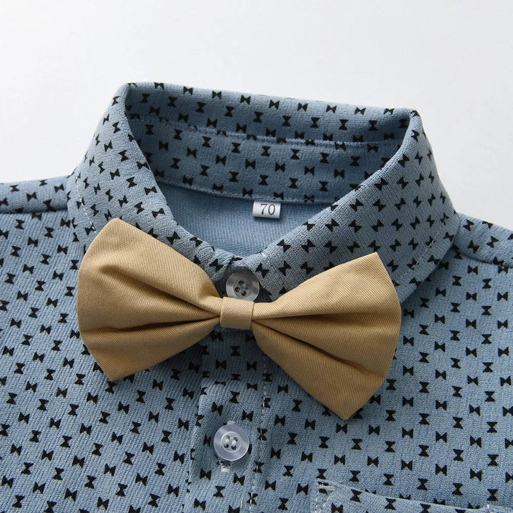 Children Formal Clothing Summer Comfortable Two Piece Set Kid Short Sleeve Shirt Bow Tie Suspenders Shorts Boy Elegant Outfit