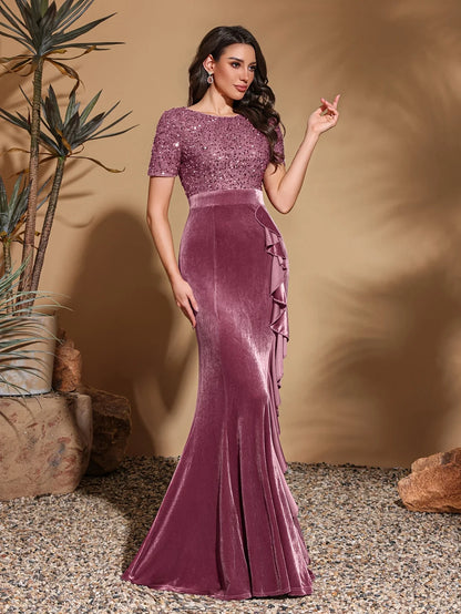 Round neck short sleeve sequined velvet ruffled decorative hip dress