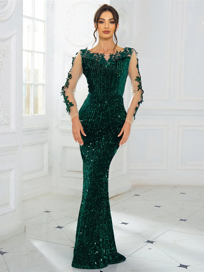 Vestido Longo Elegante de Noite em Veludo com Renda e Paetês, Costas Abertas, Vazado, Manga Comprida, para Formatura e Festa de Casamento