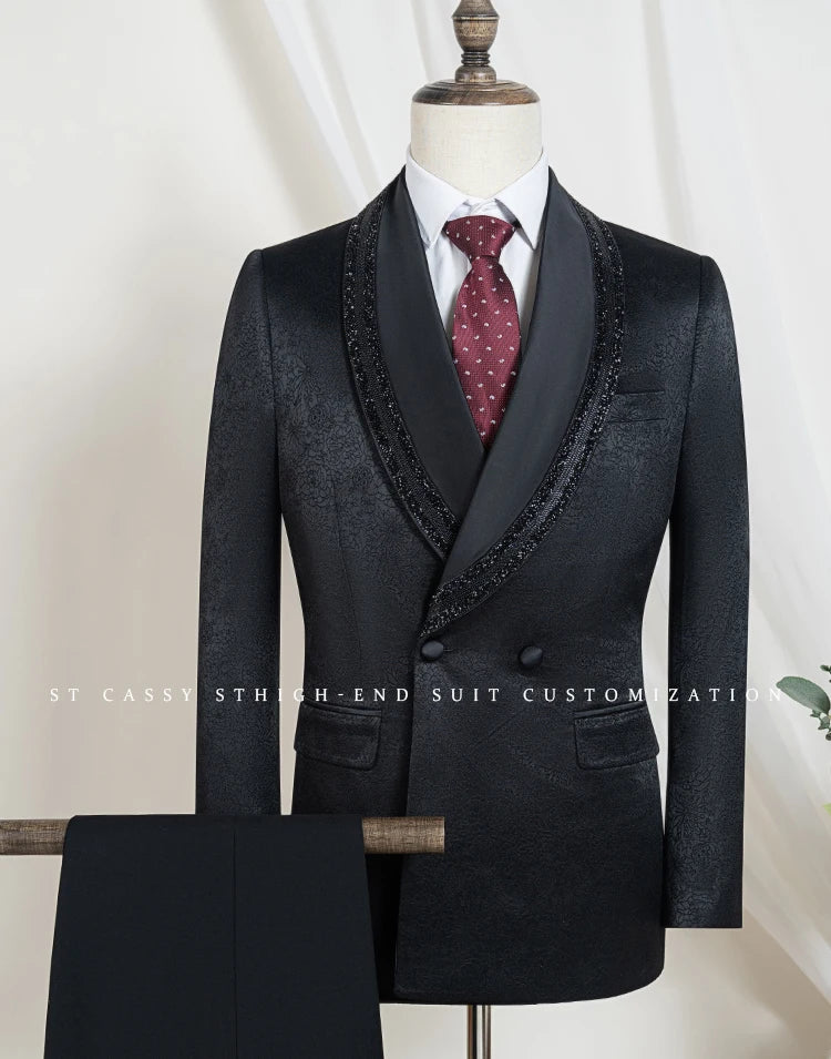 Luxury and fashionable men's suit Rhinestone Collar Shawl Lapel black Wedding Suit 2 Piece Set Groom Tuxedo Banquet party outfit
