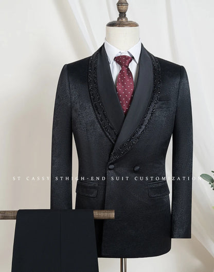 Luxury and fashionable men's suit Rhinestone Collar Shawl Lapel black Wedding Suit 2 Piece Set Groom Tuxedo Banquet party outfit