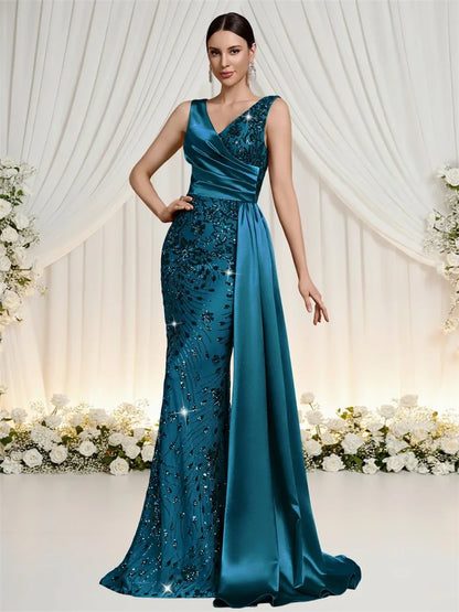 Elegant V-neck Splice Ribbons Sequins Evening Dresses Woman Sleeveless Mermaid Formal Luxury Wedding Party Prom