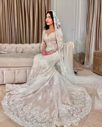 Customized Luxury Mermaid Wedding Dresses Detachable Train Romantic Lace Long Sleeve Bride Dresses For Vestidos De Novia Boda