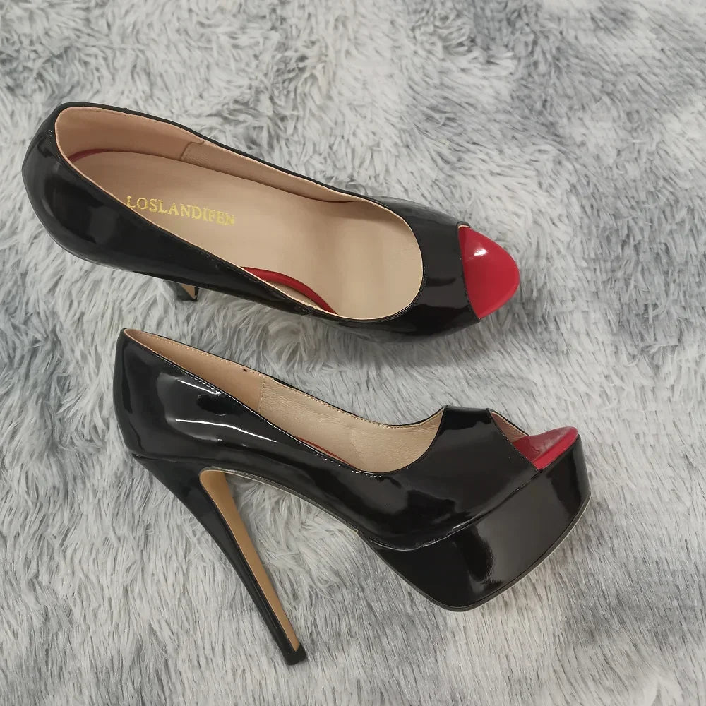 Women Pumps Sexy Peep Toe Platform 14cm Super High Heels Patent Leather Shoes Red Wedding Stilettos Large Size 44