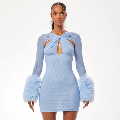 2025 Autumn Furry Patchwork Dress Women See Through Full Sleeve Sexy Hollow Cross Elegant Luxury Banquet Birthday Party Clubwear