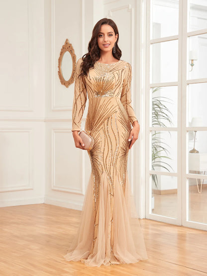 Elegant Long Sleeves Sequin Tulle Evening Dresses 2025 Women Luxury Mermaid Formal Bridesmaid Party Maxi Prom Dress