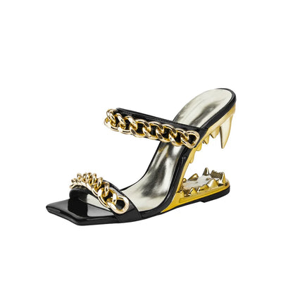 Big Gold Chain Peep Toe Tiger Teeth Heel Sandals 2024 New Fashion Silvery Beach Party Outdoors Women's Slippers Size 35-43