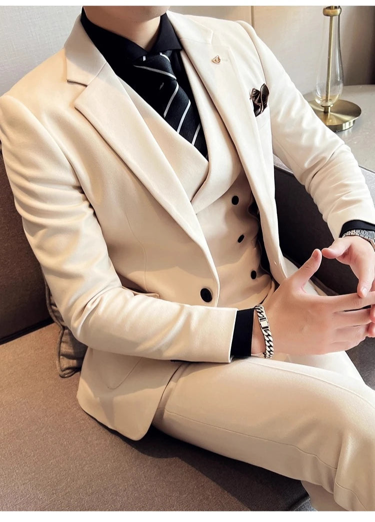 2025 Autumn Winter New Thickened Warm Woolen Blazer Set for Men Korean Version Slim Fit Groom Best Man Wedding Suit Formal Wear