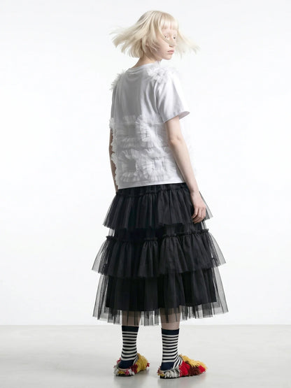 Forest style black cake skirt imakokoni spring Japanese mesh high waist mid length A-line skirt for women 265434