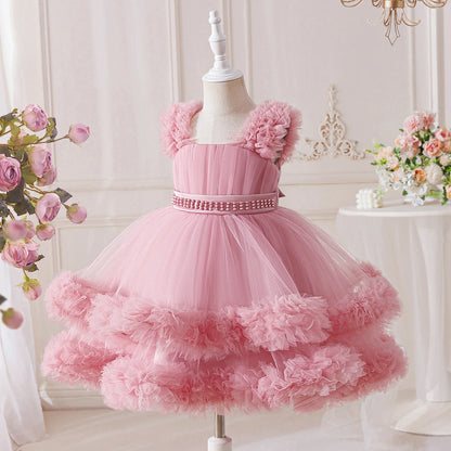 Vestido Infantil Verão Contas Meninas Elegante Aniversário Casamento Damas de Honra Princesa Vestidos Menina Laço Noite Formatura Vestidos