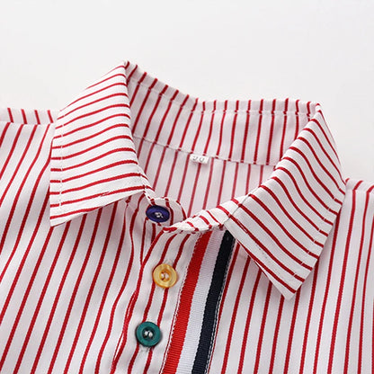 Summer Boys Clothing Set Cotton Striped Short Sleeve Lapel Shirt Pants 2Pcs Suit For 2-6 Years Kids Casual Outfits Elegant Suit