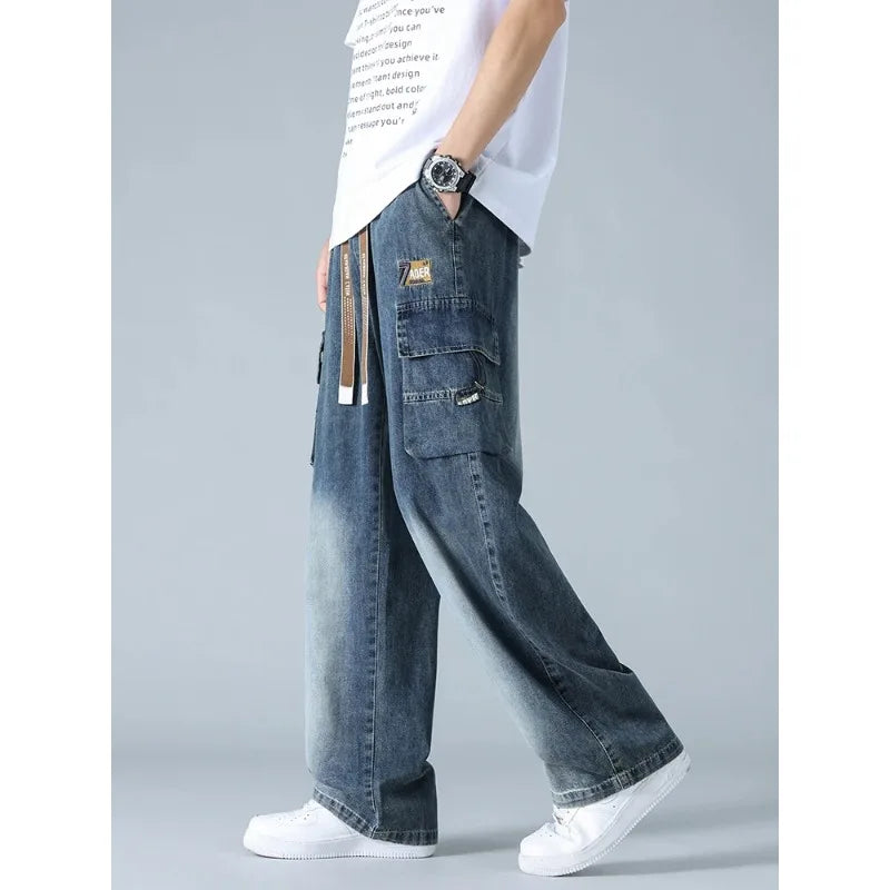 Summer Men's Straight Jeans Multi-Pockets Wide Leg Denim Cargo Pants 8XL 7XL 6XL Big Size Lightweight Baggy Solid Jeans Trousers
