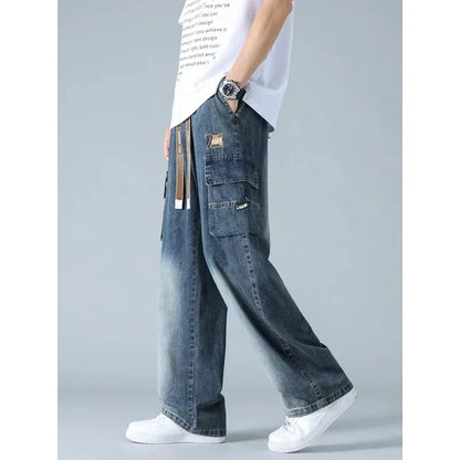 Summer Men's Straight Jeans Multi-Pockets Wide Leg Denim Cargo Pants 8XL 7XL 6XL Big Size Lightweight Baggy Solid Jeans Trousers