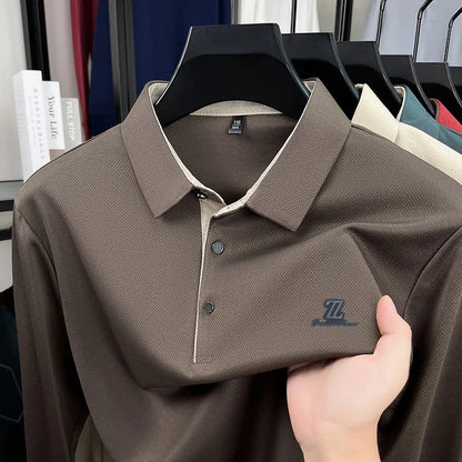 Men's High End Brand Print Solid Color Lapel Polo Shirt Autumn New Skin Friendly Long Sleeved T-shirt Fashion Versatile Menswear