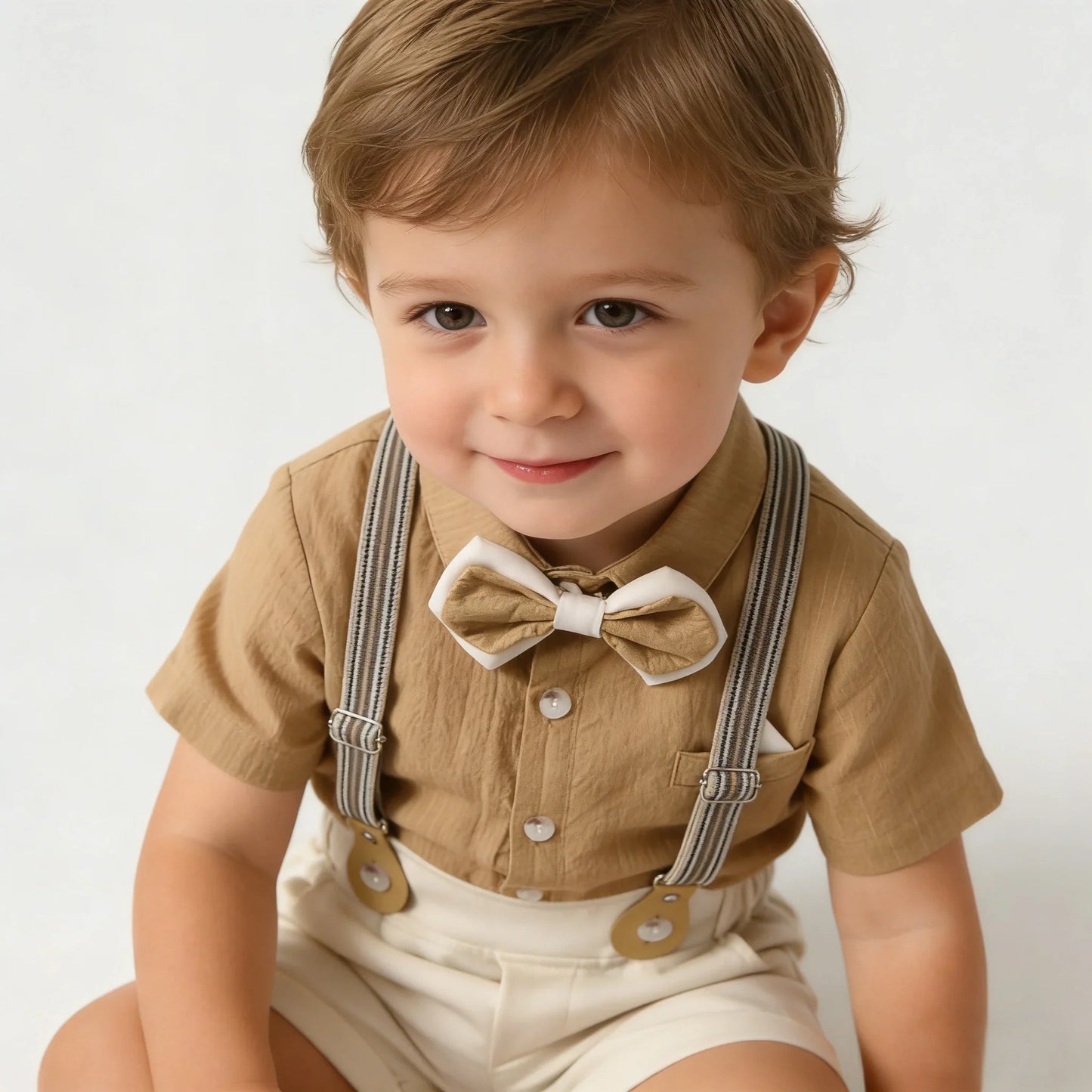 Kids Clothes Set Toddler Boys Gentleman Suit Khaki Short Sleeve Shirt with Bow Tie Shorts Formal Outfit Wedding Birthday Party