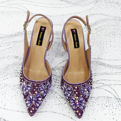 Purple High Heel Party Shoes & Rhinestone Handbag Set - Elegant Italian Design for Weddings and Special Occasion