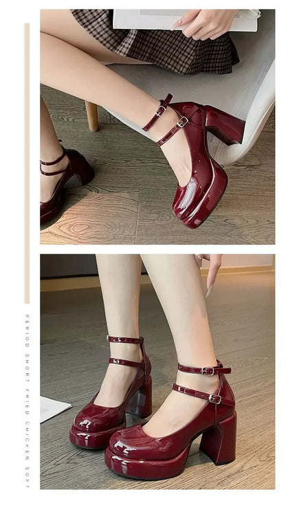 2024High Heels Women's Spring Autumn Pumps Shoes Red Black Retro Thick Soled  Jane  Ankle Buckle 9cm Chunky