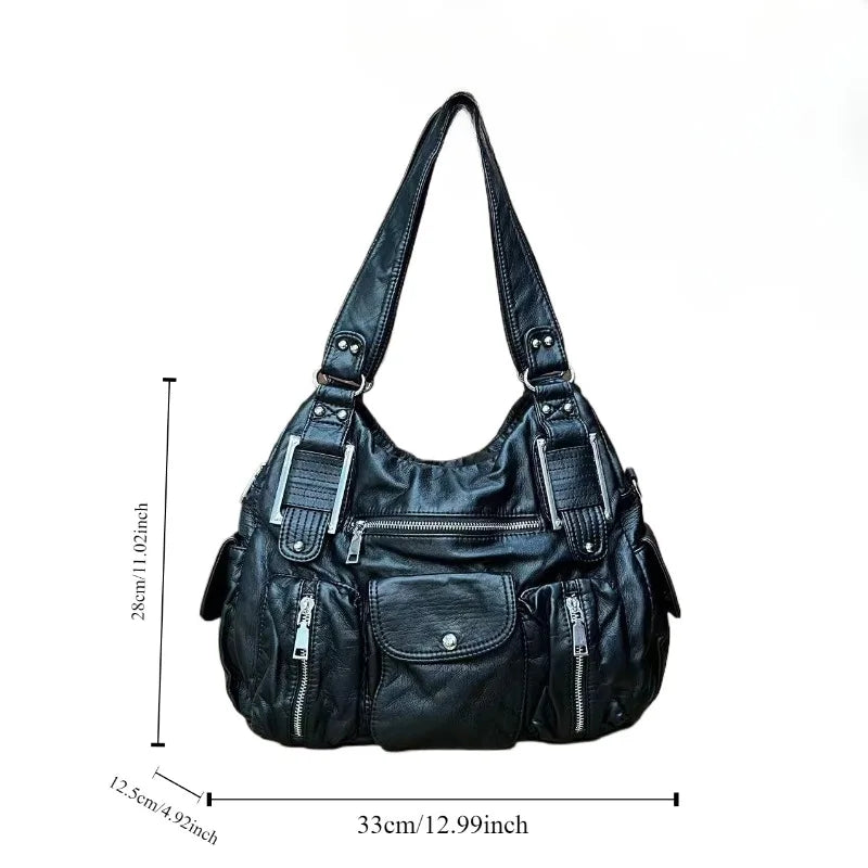 Women's Fashion Y2K Hot Girl Motorcycle Bag Old Lychee Pattern Multi-Pocket Shoulder Crossbody Bag