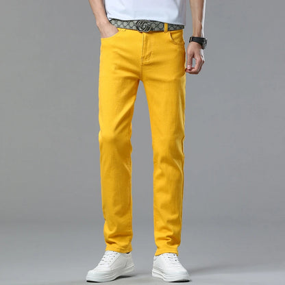 2025 Autumn Men's Elastic Colorful Jeans Breathable Casual  Straight Fitted Solid Color Denim Pants Korean Fashion Trousers