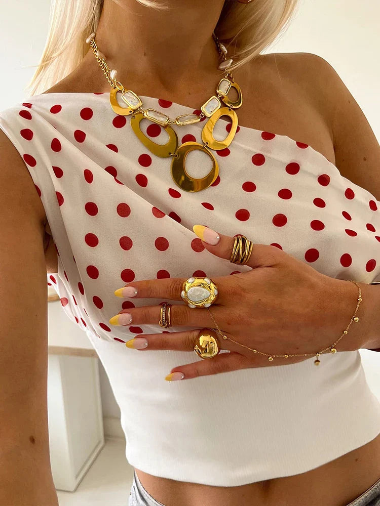 Puss Polka Dots Print T-Shirts Women Summer Trend Skew Collar Off Shoulder Backless Street Fashion Trend Ruched Crop Tops