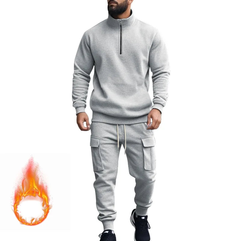 2024 autumn and winter men's casual velvet warm zipper sports trousers set