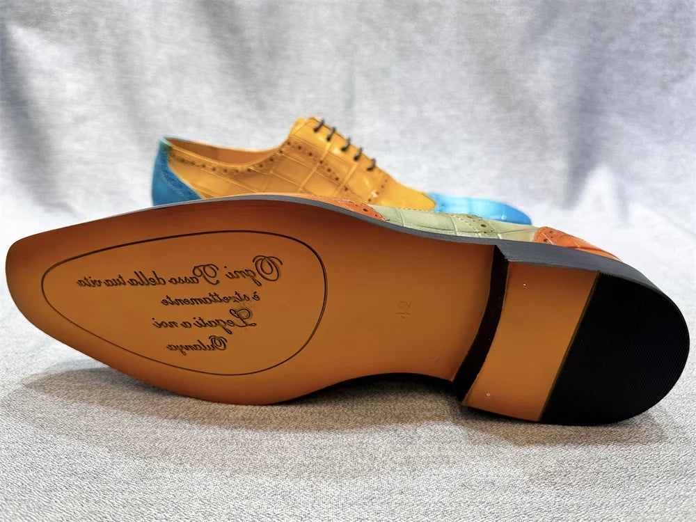 Men's Genuine Leather Wingtip Oxfords Shoes Italian Wedding Dress Shoes Green/Camel Business Formal Male Footwear