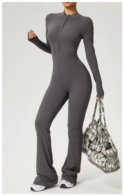 Zipper Jumpsuit Flared Pants Women Clothing Sportswear Gym Yoga Sport Sets Spandex Nylon Workout Sets Women Tracksuit